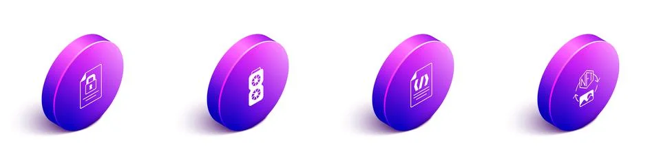 Set Isometric Document and lock, Video graphic card, Binary code and NFT Digital 스톡 일러스트