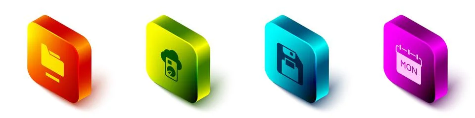 Set Isometric Document folder, Cloud database, Floppy disk and Calendar icon Illustrazione stock