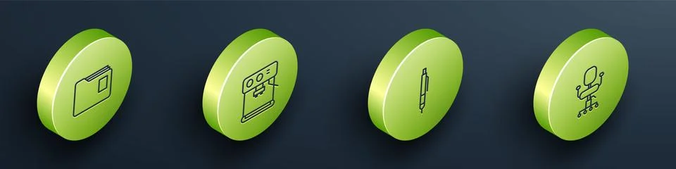 Set Isometric Document folder, Coffee machine, Pen and Office chair icon. Vector Illustrazione stock