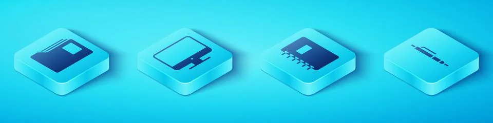 Set Isometric Document folder, Computer monitor screen, Pen and Spiral notebook Illustrazione stock