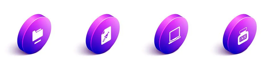 Set Isometric Document folder, Note paper with push button, Laptop and Inkwel Stock Illustration