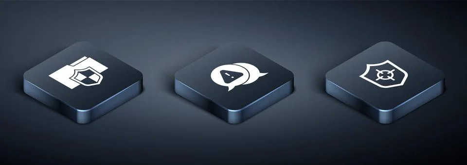 Set Isometric Document folder protection, Shield and Exclamation mark in Stock Illustration