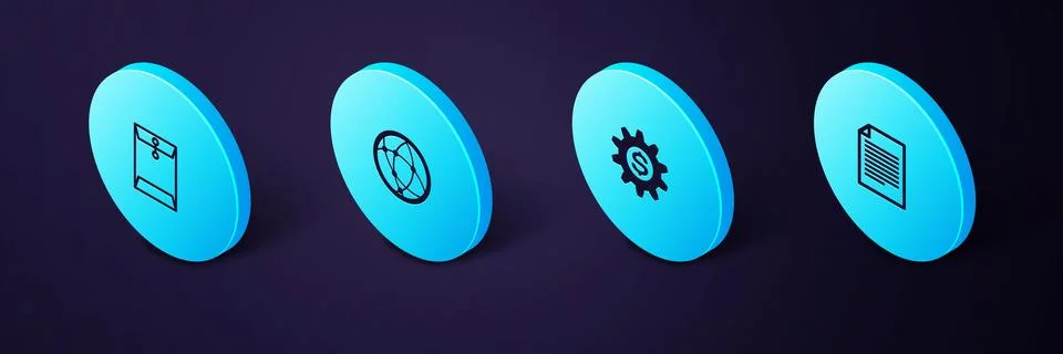 Set Isometric Document, Gear with dollar symbol, Social network and Envelope  Stock Illustration
