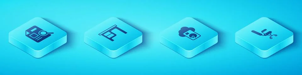 Set Isometric Document with graph chart, Office desk, chair and Cloud database 스톡 일러스트