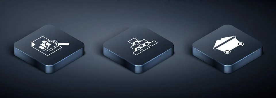 Set Isometric Document with graph chart, Coal mine trolley and Hierarchy Stock Illustration