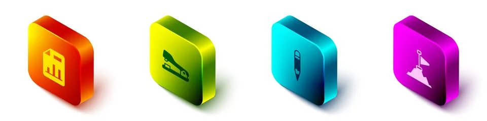 Set Isometric Document with graph chart, Stapler, Pencil and Mountains flag on Stock Illustration