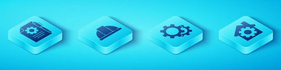 Set Isometric Document settings and pen, Worker safety helmet, House with gear 스톡 일러스트