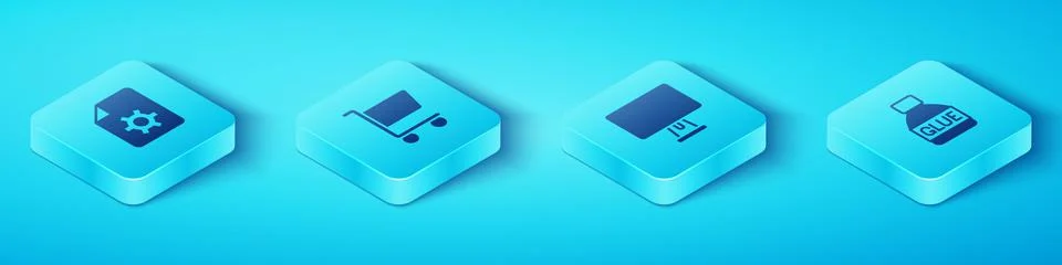 Set Isometric Document settings, Shopping cart, Glue and Computer monitor icon Stock Illustration