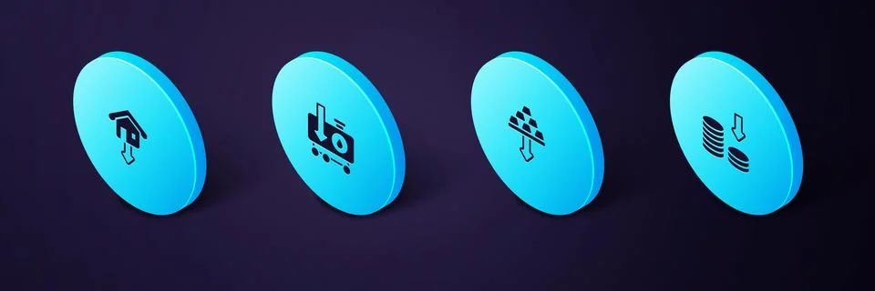 Set Isometric Dollar rate decrease, Gold bars, Drop in crude oil price and Stock Illustration