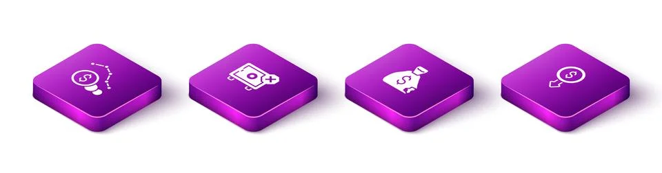 Set Isometric Dollar rate decrease, Safe, Money bag and icon. Vector Stock Illustration