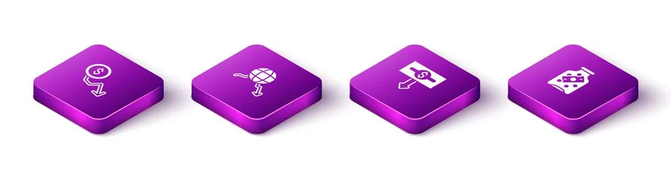 Set Isometric Dollar rate decrease, Global economic crisis, and Glass money jar Illustrazione stock