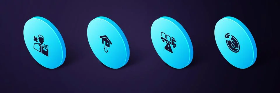 Set Isometric Dollar rate decrease, Stop delivery cargo truck, Falling property Stock Illustration