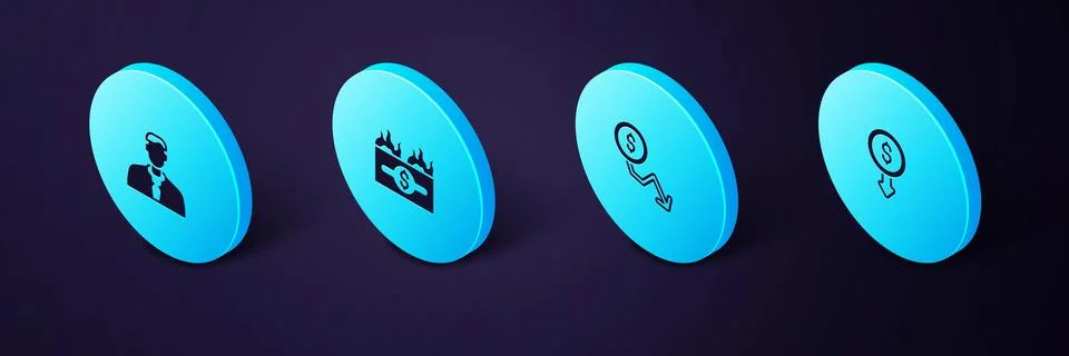 Set Isometric Dollar rate decrease, , Burning dollar bill and Worker icon 库存插图