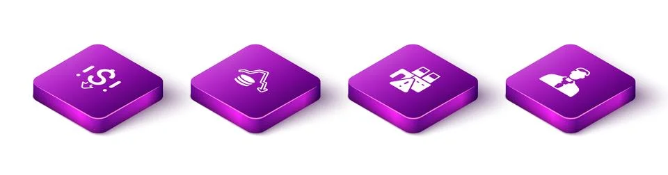 Set Isometric Dollar rate decrease, , Shutdown of factory and Worker icon Illustrazione stock