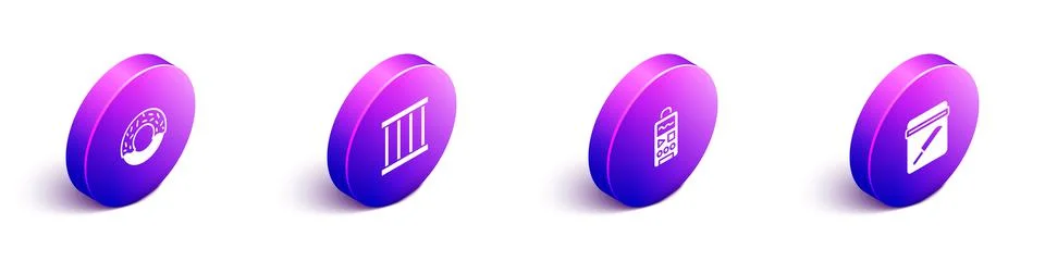 Set Isometric Donut, Prison window, Dictaphone and Evidence bag with knife icon Stock Illustration