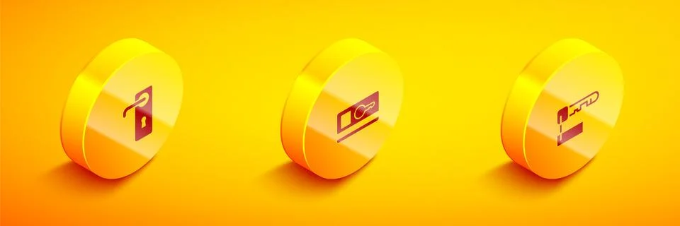 Set Isometric Door handle, Key card and Marked key icon. Vector Illustrazione stock