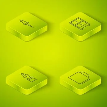 Set Isometric Drawer with documents, Fountain pen nib, Coffee cup and Push pin Stock Illustration