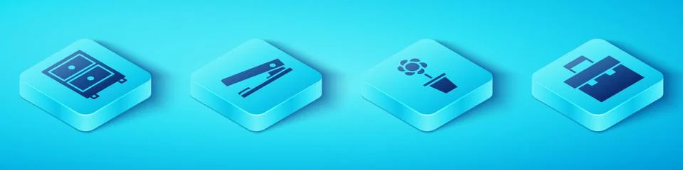 Set Isometric Drawer with documents, Office stapler, Briefcase and Flower in pot Illustration