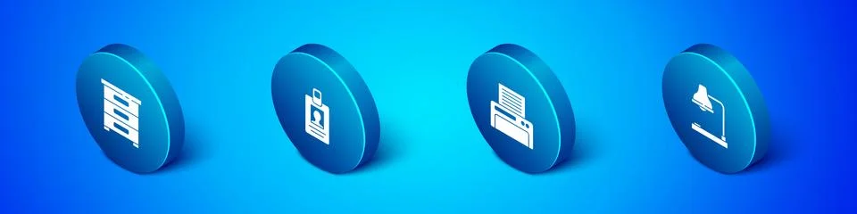 Set Isometric Drawer with documents, Printer, Table lamp and Identification Stock Illustration