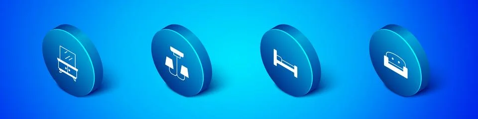 Set Isometric Dressing table, Bed, Armchair and Chandelier icon. Vector Illustrazione stock