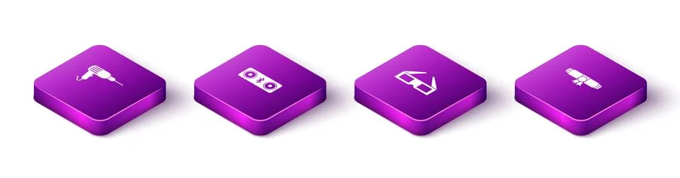 Set Isometric Drill machine, Bluetooth speakers, 3D cinema glasses and Diploma Stock Illustration