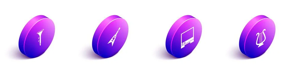 Set Isometric Drum and drum sticks, Electric bass guitar, Voice assistant and Ilustração Stock