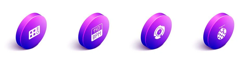 Set Isometric Drum machine, Bitrate, Vinyl disk and Disco ball icon. Vector Illustrazione stock