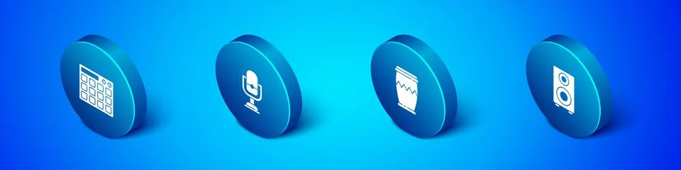 Set Isometric Drum machine, , Stereo speaker and Microphone icon. Vector Illustrazione stock