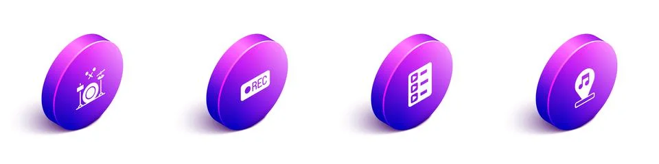 Set Isometric Drums, Record button, Music playlist and note, tone icon. Vector Illustrazione stock