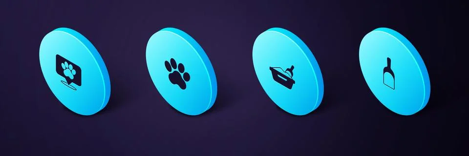 Set Isometric Dustpan, Cat litter tray with shovel, Paw print and Location Ilustración de archivo