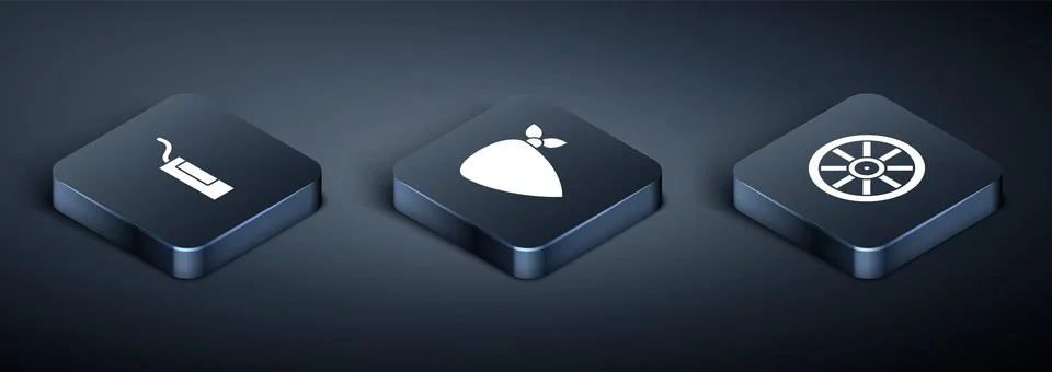 Set Isometric Dynamite bomb, Old wooden wheel and Cowboy bandana icon. Vector イラスト素材