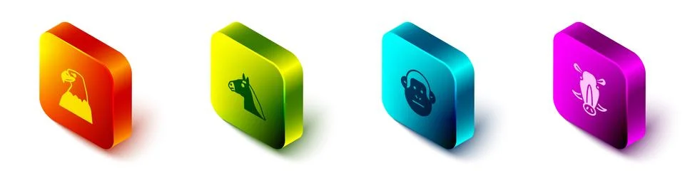 Set Isometric Eagle head, Horse, Monkey and Wild boar icon. Vector 스톡 일러스트