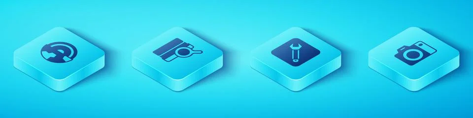Set Isometric Earth core structure crust Soil analysis Photo camera and Wrenc Illustrazione stock