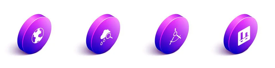 Set Isometric Earth globe, Cloud with rain, Drawing compass and Graph chart 스톡 일러스트