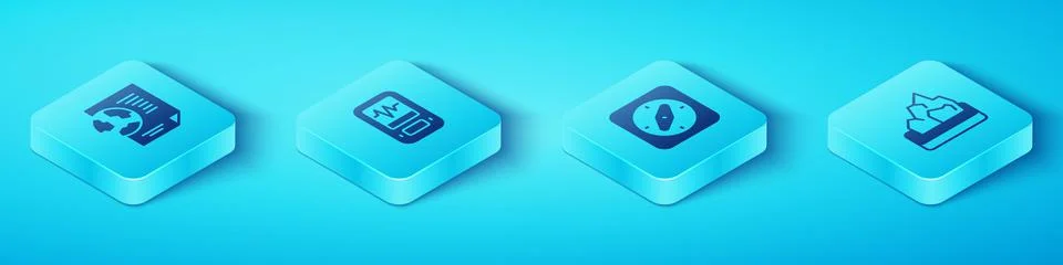 Set Isometric Earth globe with document, Seismograph, Ore mining and Compass  Stock Illustration