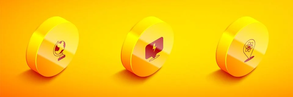 Set Isometric Earth globe, Lightning bolt and Atom icon. Vector Stock Illustration