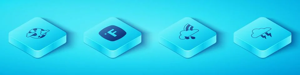 Set Isometric Earth planet with clouds, Fahrenheit, Storm and Rainbow and r.. Stock Illustration