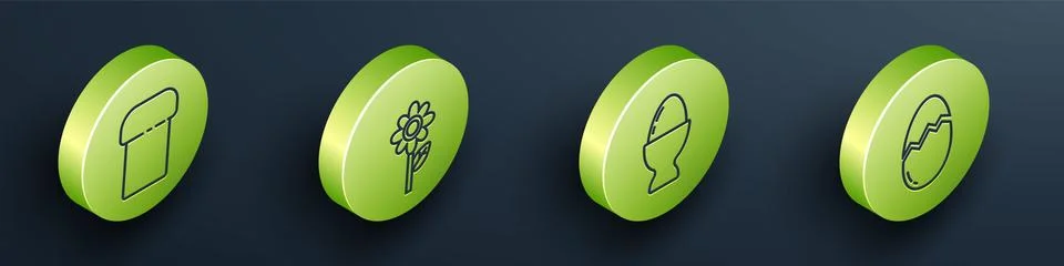 Set Isometric Easter cake, Flower, Easter egg on a stand and Broken egg icon Stock Illustration