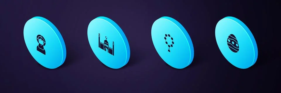 Set Isometric Easter egg, Rosary beads religion, Muslim Mosque and Jesus Christ イラスト素材