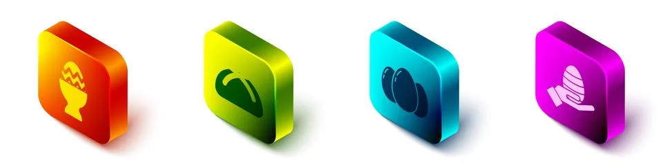 Set Isometric Easter egg on a stand, Easter cake, Easter eggs and Human hand and Stock Illustration