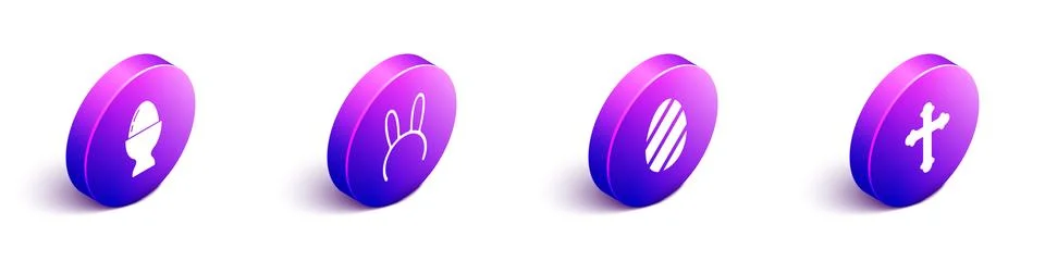 Set Isometric Easter egg on a stand, Mask with long bunny ears, Easter egg and Stock Illustration