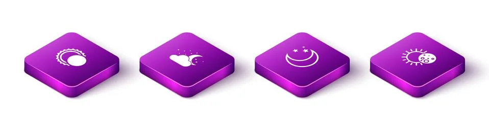 Set Isometric Eclipse of the sun, Cloud with moon and stars, Moon and icon Ilustração Stock