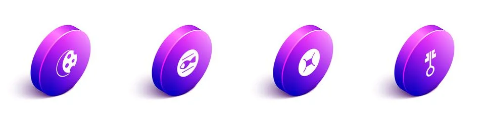 Set Isometric Eclipse of the sun, Pisces zodiac, Gemini and Old magic key icon Stock Illustration