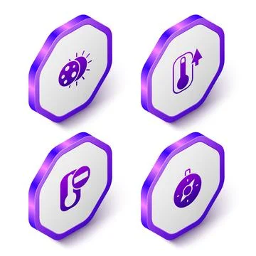 Set Isometric Eclipse of the sun, Thermometer, and Compass icon. Purple hexagon Stock Illustration