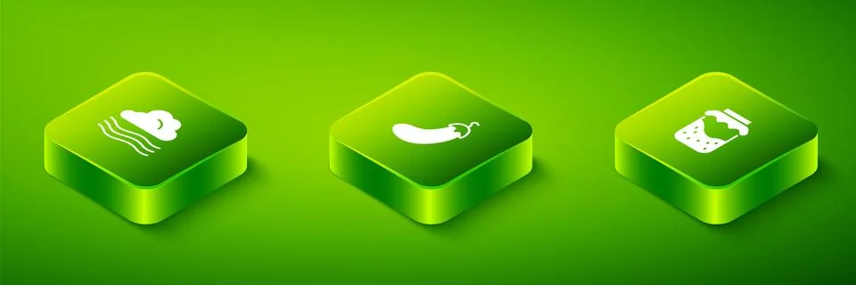 Set Isometric Eggplant, Jam jar and Windy weather icon. Vector Stock Illustration
