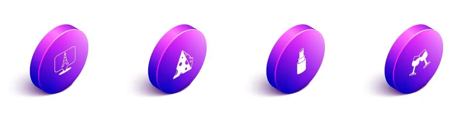 Set Isometric Eiffel tower, Cheese, Lipstick and Wine glass icon. Vector Illustrazione stock
