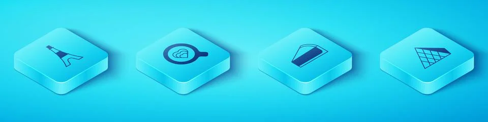 Set Isometric Eiffel tower, Coffee cup, Louvre glass pyramid and Cherry Stock-Illustration