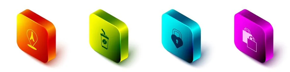 Set Isometric Eiffel tower, Coffee cup go, Castle in the shape heart and Paper 库存插图