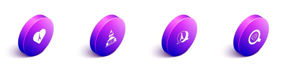 Set Isometric Eiffel tower with heart, Museum building, and Coffee cup icon Stock-Illustration