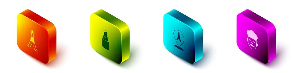 Set Isometric Eiffel tower, Lipstick, and Cook icon. Vector Stock-Illustration